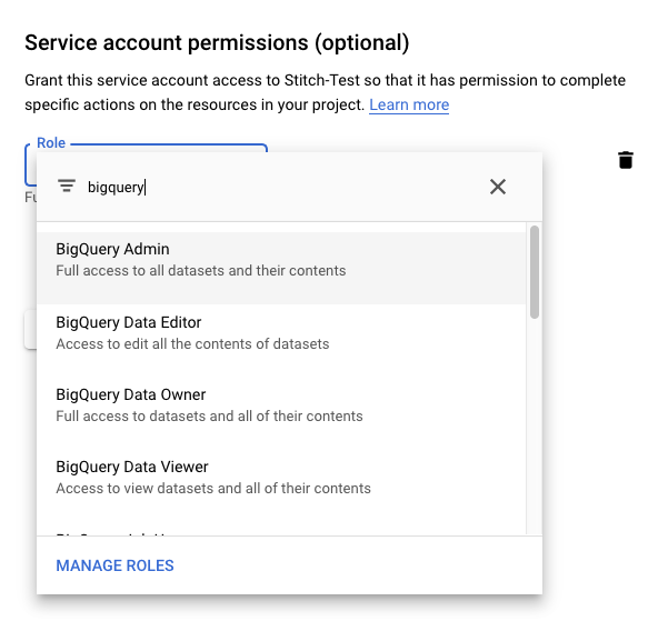 The service account role field with BigQuery Admin selected