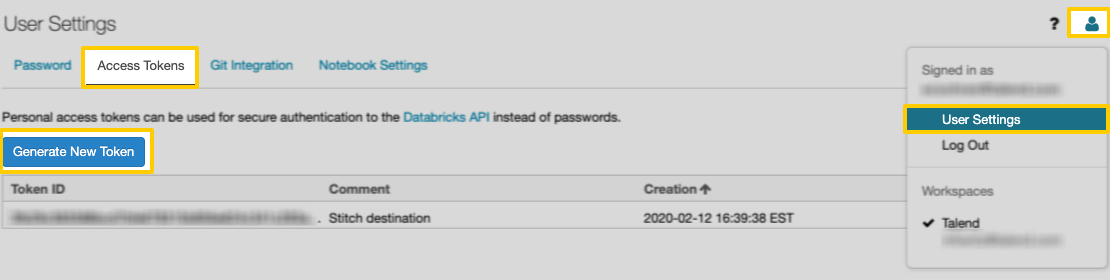 The Access Tokens tab in the User Settings page of Databricks
