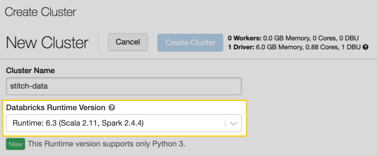Databricks Runtime Version field with version Runtime: 6.3 selected