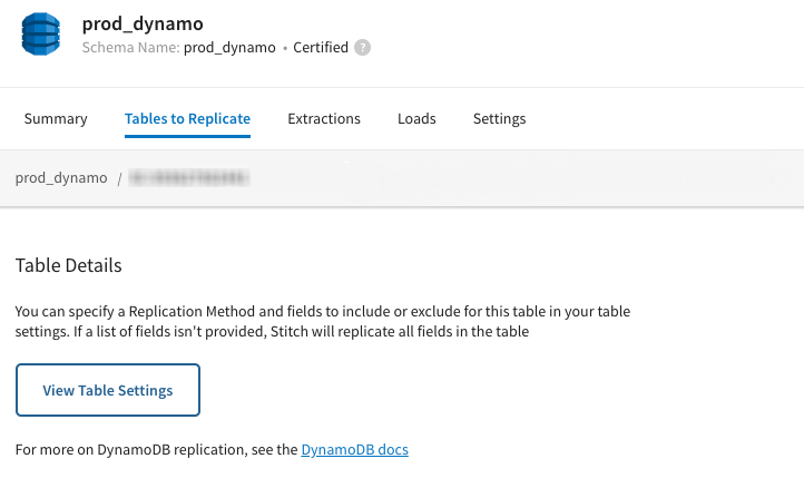 The DynamoDB Table Details page in Stitch.