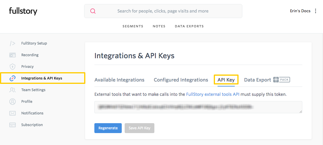 Retrieve your API key in FullStory