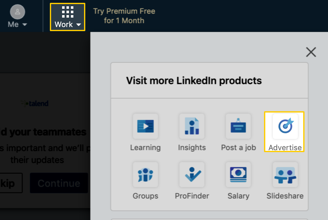 The LinkedIn Work and Advertise menus, highlighted