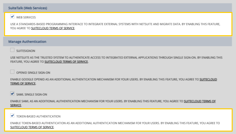 Highlighted Web Services and Token-based Authentication fields on the NetSuite Enable features page