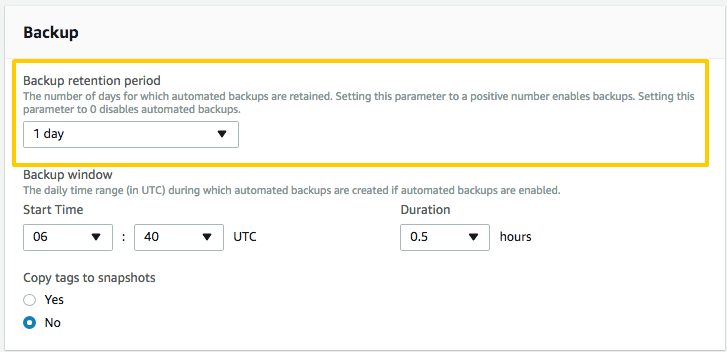 A backup retention period setting of 1 day for an RDS instance in the AWS console