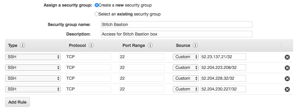 Configuring the EC2 Instance Security Group using Stitch's North America region IP addresses